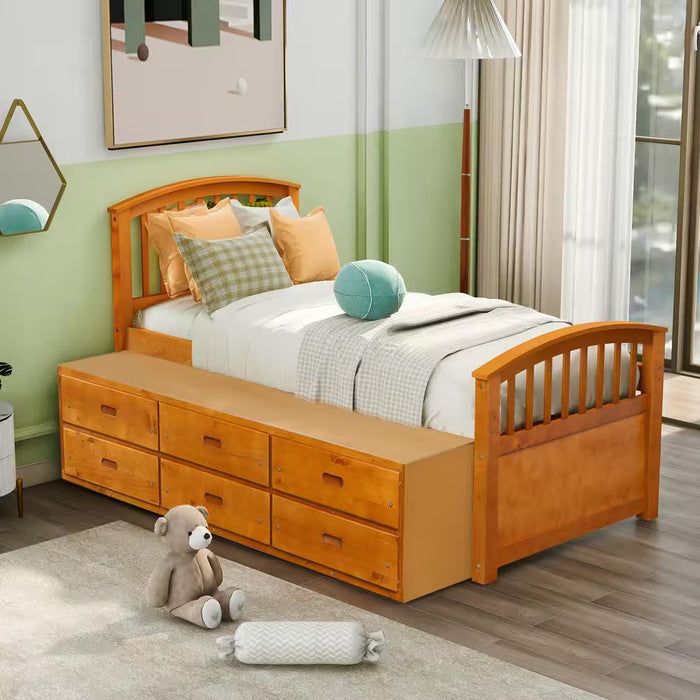 Oak Twin Size Solid Wood Platform Bed with 6-Drawers