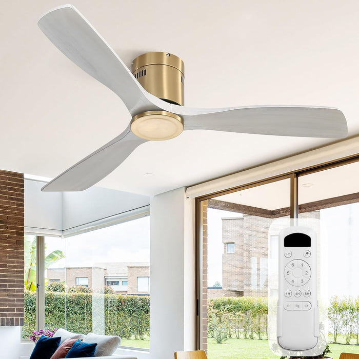 52 Inch Solid Wood Ceiling Fan without Lights Flush Mount Ceiling Fans with Remote Control, Wood Blades Modern Outdoor Ceiling Fan No Light for Bedroom/Farmhouse/Patio/Indoor, Grey Gold