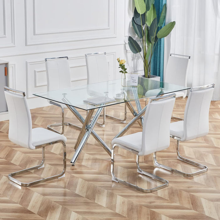 Dining Chairs Set, Kitchen Modern Metal Chairs with Faux Leather Padded Seat High Back and Sturdy Chrome Legs, Chairs for Dining Room (White-1, Set of 4)