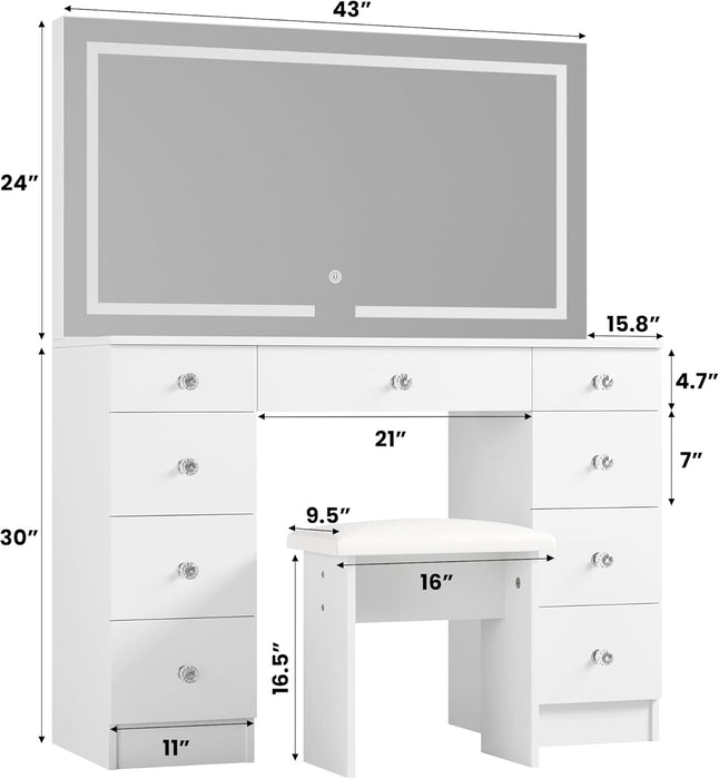White 43 Inch Makeup Vanity Desk LEDIlluminatedMirror