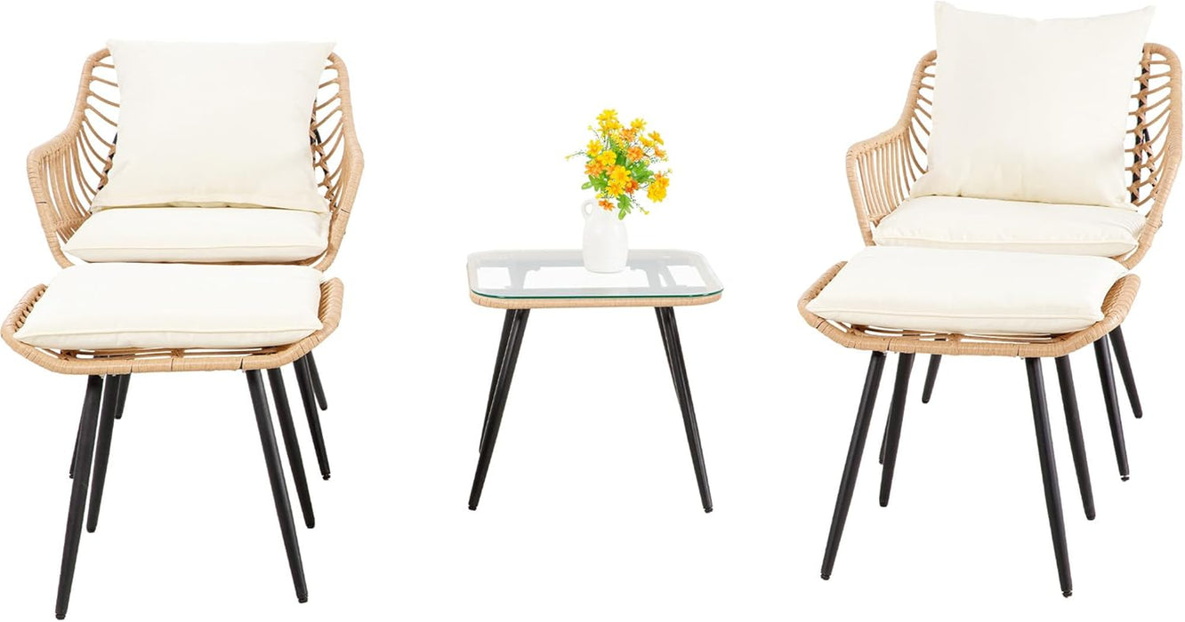 5 Piece Patio Bistro Set with Ottoman, Outdoor Wicker Apartment Balcony Furniture Sets, Rattan Table and Chairs Set of 2 for Porch Backyard Lawn Poolside Deck (Yellow/Beige)