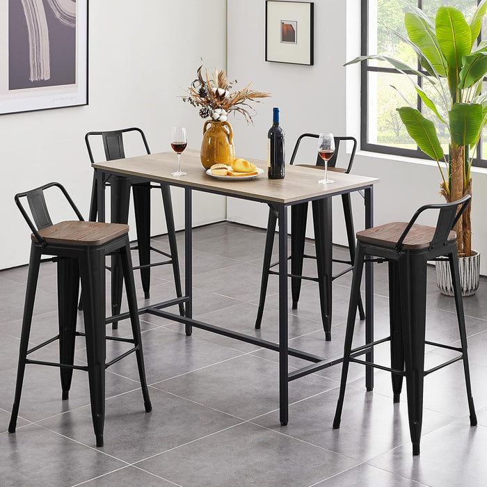 30" Metal Barstools Set of 4 Bar Height Bar Stools with Wooden Top Low Back Industrial Bar Stools Metal Stool for Indoor-Outdoor Counter Stools with Wooden Seat Matte Black