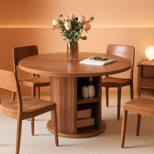 47 Inch round Dining Table for 4-6, Circle Farmhouse Kitchen Table with Storage Space, Wood Strip Base for Dining Room, Living Room, Lunch (Dark Brown)