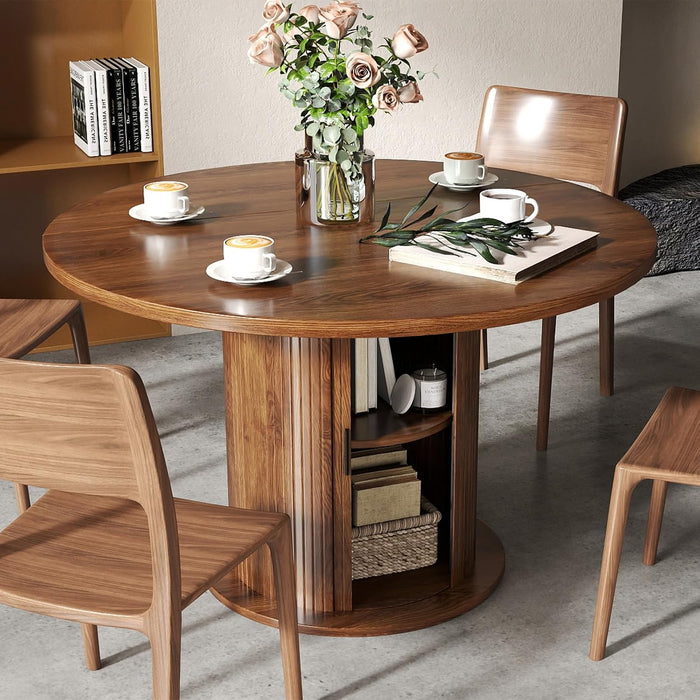 47 Inch round Dining Table for 4-6, Circle Farmhouse Kitchen Table with Storage Space, Wood Strip Base for Dining Room, Living Room, Lunch (Dark Brown)