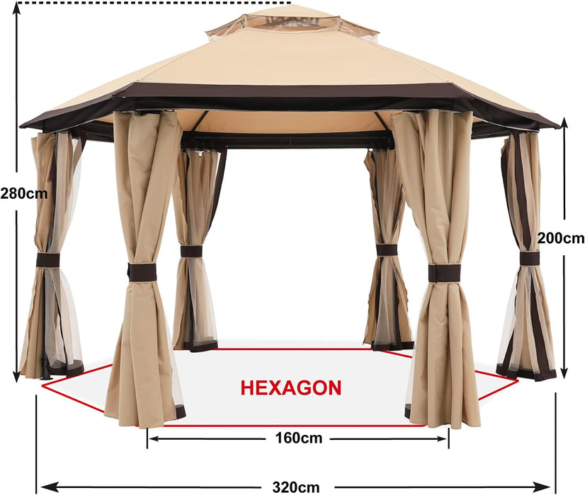 10'X10' Gazebos for Patios Outdoor Hexagonal Gazebo with Netting and Privacy Curtains Beige