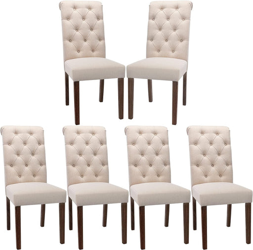 Button Tufted Dining Chairs Set of 6, Accent Parsons Diner Chair Upholstered Fabric Dining Room Chairs Stylish Kitchen Chairs with Solid Wood Legs and Padded Seat - Dark Beige