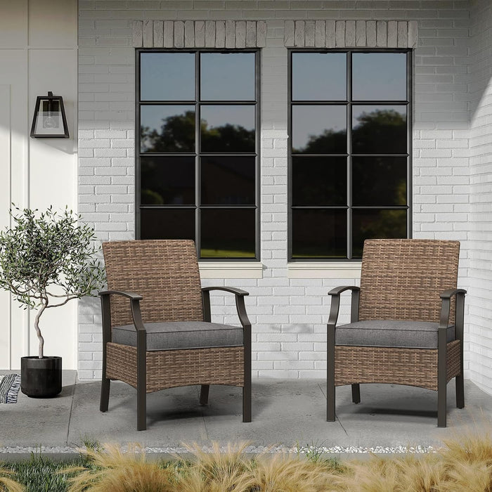Outdoor Chairs Set of 2, Wicker Patio Seating with Olefin Cushion for Front Porch Small Balcony outside (Grey)
