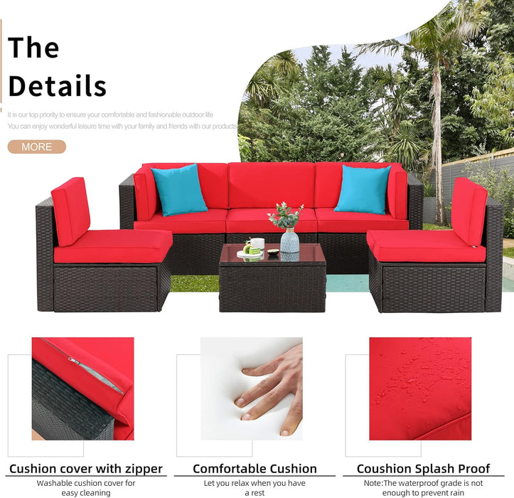 6 Pieces Patio Furniture Sets Outdoor All-Weather Sectional Patio Sofa Set PE Rattan Manual Weaving Wicker Patio Conversation Set with Glass Table&Ottoman Cushion and Red Pillows, Red
