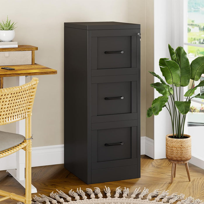 Metal 3 Drawer Vertical File Cabinet with Lock, Steel Lockable Filing Cabinet, Home Office Storage Cabinet Fits Letter A4 Legal Files, Anti-Tilt Full Extension Drawers for Document Organizer