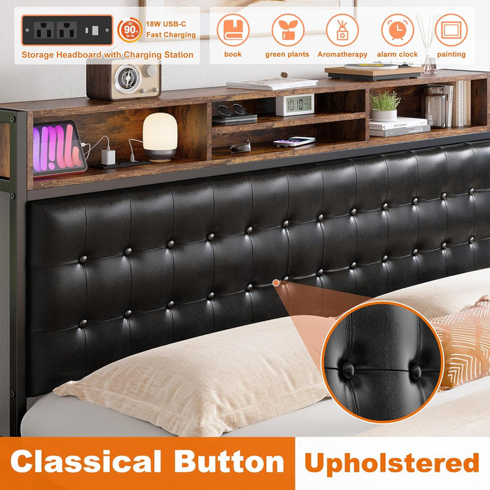 Queen Bed Frame with 4 Storage Drawers, Bed Frame Queen Size with Upholstered Headboard and Built in Charging Station, No Noise, Metal Support, No Box Spring Needed,Vintage Brown