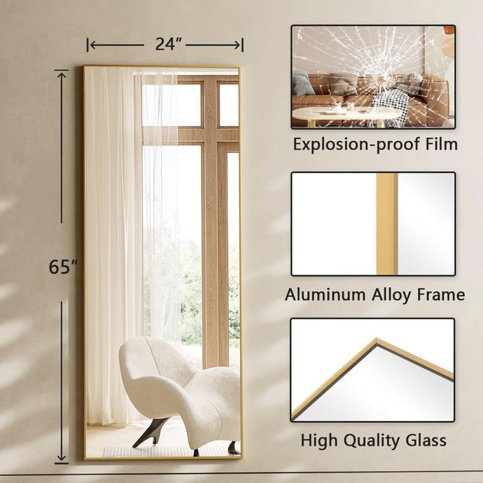 65"X24" Floor Mirror Full Length, Bedroom Floor Body Mirror with Stand, Large Gold Mirror, Leaning, Standing or Hanging Horizontally/Vertically