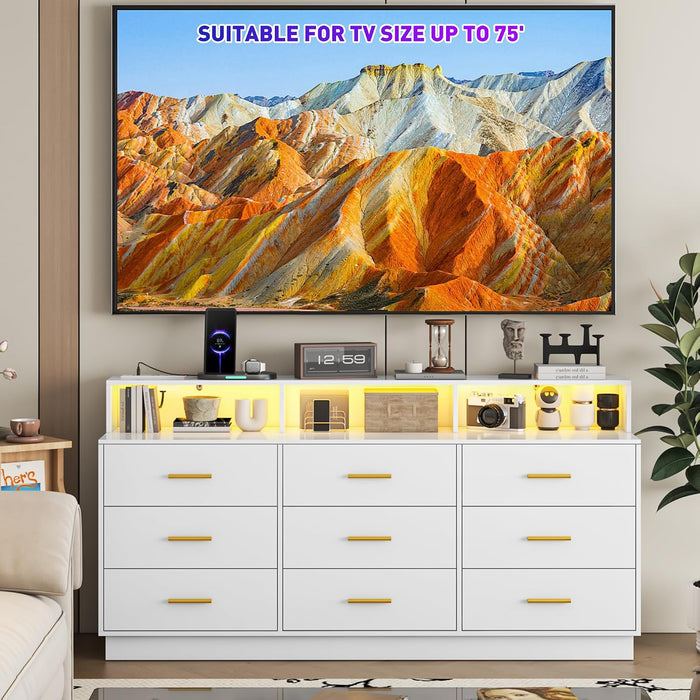 White 9 Drawer Dressers for Bedroom, Modern Large Dresser with LED Light and Power Outlet, Wooden Long Dresser for Bedroom, Entryway, Hallway