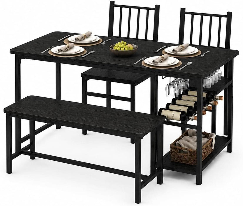 55-Inch Dining Table Set for 4 with Bench, Wine Rack, Black