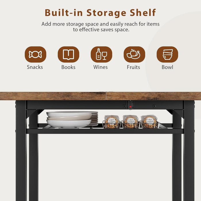 Extendable Dining Table Set for 4 with Built-In Shelf Rack Brown