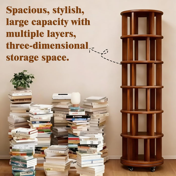 6‑Tier Rotating Bookshelf, Solid Rubber Wood 360° Revolving Bookcase with Lockable Casters, Space‑Saving Tall Storage Shelf for Living Room Bedroom Home Office, Walnut, 17.3"D×17.3"W×78.5"H