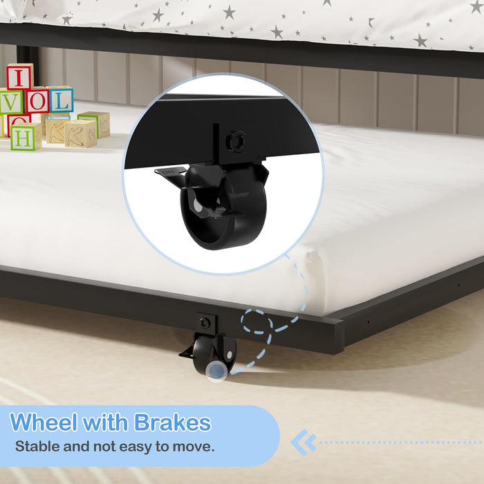 Twin over Twin Bunk Bed with Trundle, Metal Bunkbeds with Ladder and Full-Length Guardrail, Noise Free, No Box Spring Needed, Black