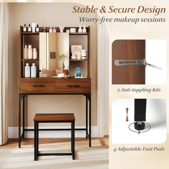 Vanity Desk with Mirror and Stool, Industrial Dressing Table with Power Outlet, 4 Shelves, 2 Storage Drawers, Bedroom Makeup Vanity Set for Women Teens Girls (Walnut)
