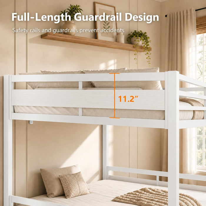 Metal Bunk Bed Full over Full with Ladder and High Guardrail, Heavy-Duty Metal Slats Support, Noise Free, No Box Spring Needed, for Kids and Juniors, White