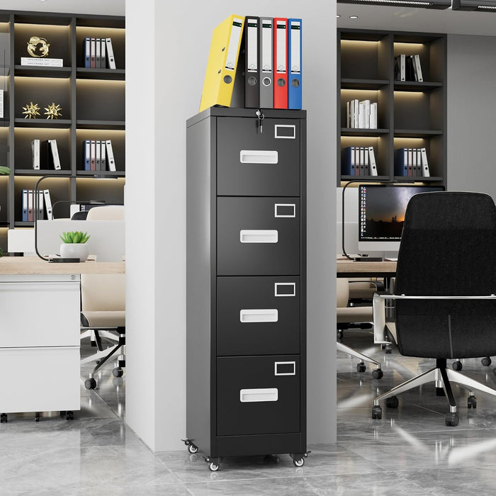4 Drawer Metal File Cabinet with Lock, Mobile Heavy Duty Steel Filing Cabinet with Full Extension Rails, for Office Workspaces, Letter Legal Size, Black, Assembly Required