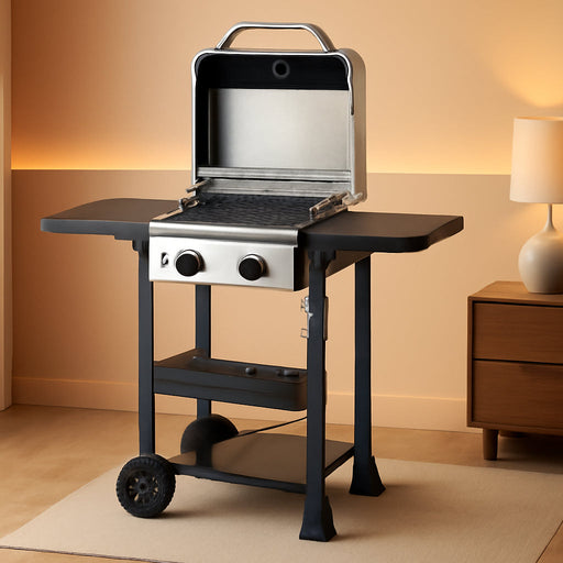 Propane Gas BBQ Grill 2-Burner Barbecue Grills with Cast Iron Frying Pan and Grates Combo, 16000 BTU Output Stainless Steel Grill for Outdoor Cooking, Patio, Backyard Party