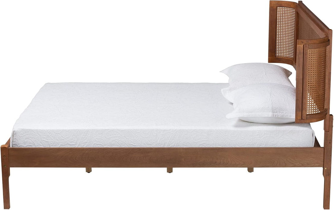 Eridian Walnut Brown Finished Wood and Natural Rattan Full Size Platform Bed