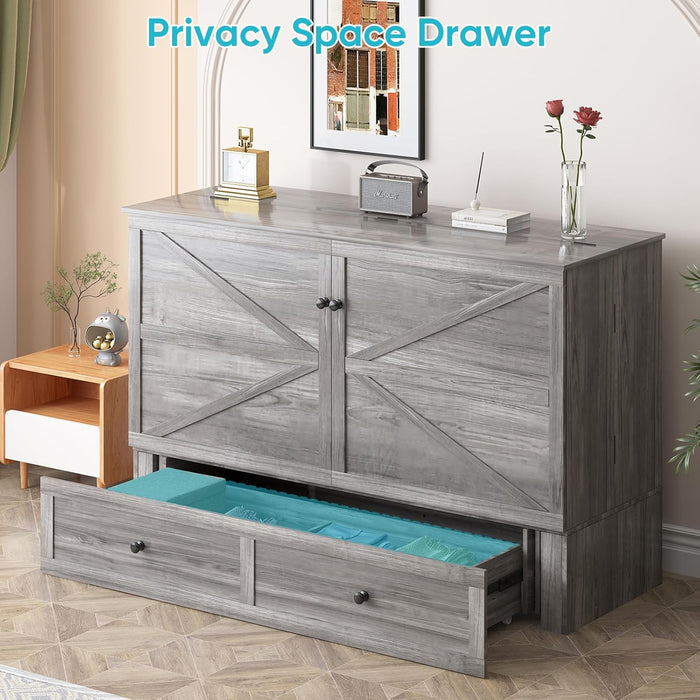 Queen Size Murphy Bed with Tri-Folding Mattress，Murphy Bed with Charging Station and 2 Large Storage Drawers for Small Spaces/Bedroom（Grey）