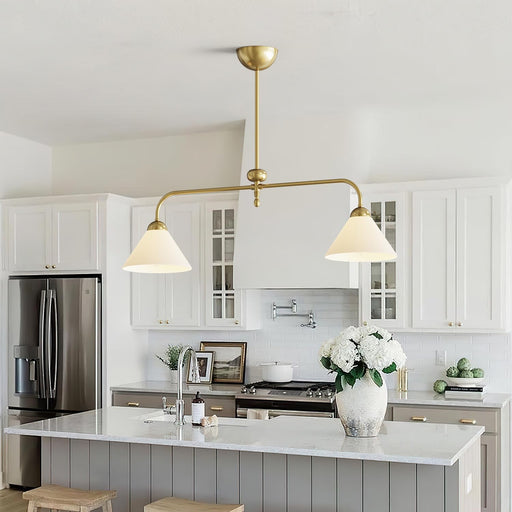 Linear Chandelier, Modern Chandelier for Dining Room Light Fixture, Dining Light Fixtures with Milk Glass Shade Pendant Lights Kitchen Island for Restaurant, Living Room (Gold, 2-Lights)