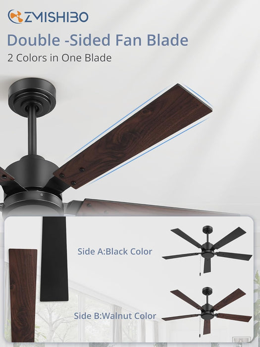 52 Inch Ceiling Fan No Light with Pull Chain, Modern Ceiling Fan without Lights, 6-Speeds, Quiet DC Motor, Remote Control, Black Ceiling Fan for Bedroom, Living Room, Indoor/Outdoor Use