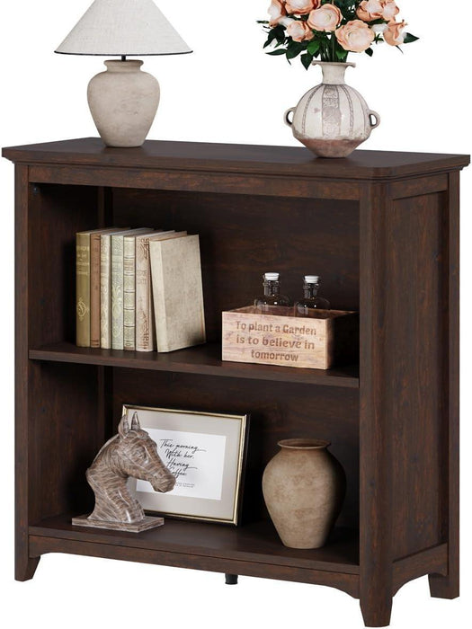 Wooden Bookshelf Bookcase, 2-Tier Compact Wood Book Shelf with Adjustable Display Storage Shelves, Floor Standing Book Case for Living Room, Office, Brown Cherry