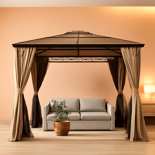 10X12 Gazebo, Hardtop Gazebo, Single Roof Pergolas Metal Aluminum Frame UV 50+ Outdoor Canopy with Mosquito Netting and Curtains, Outdoor Shelter for Garden, Lawn, Backyard