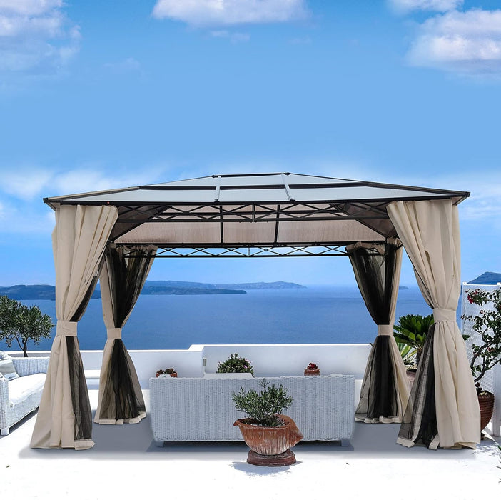 10X12 Gazebo, Hardtop Gazebo, Single Roof Pergolas Metal Aluminum Frame UV 50+ Outdoor Canopy with Mosquito Netting and Curtains, Outdoor Shelter for Garden, Lawn, Backyard