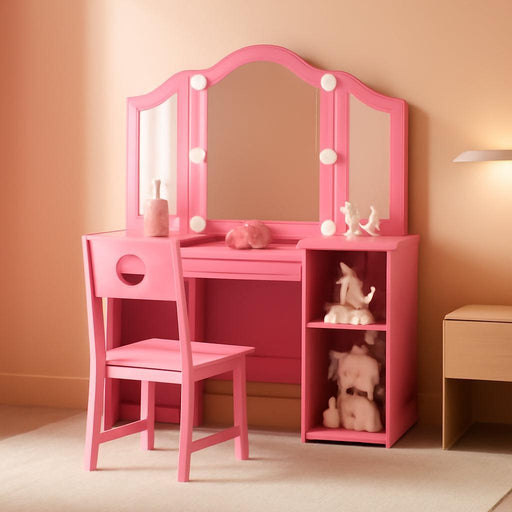 Kids Vanity Table, Princess Makeup Desk & Chair Set with Touch Light Detachable Tri-Folding Mirror, Open Storage Shelves, Wooden Girls Vanity Dressing Table, Pretend Play Vanity Set for Toddler