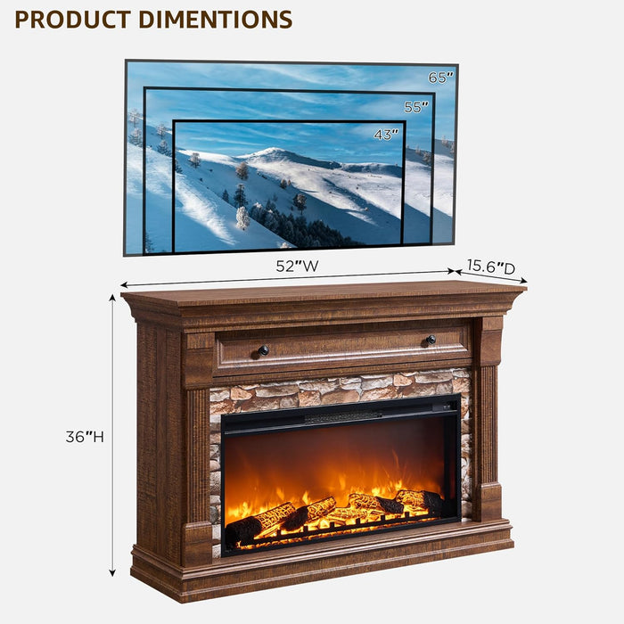 52" Farmhouse Electric Fireplace TV Stand with Mantel & Cabinet, 36" Freestanding Electric Fireplace Heater with Remote Control, Adjustable 3D Flame Effect, Brown
