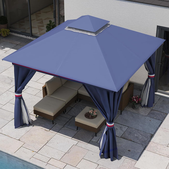 Patio Gazebo 10'X10', Outdoor Heavy Duty Party Tent Shelter with Double Roofs, Mosquito Nettings and Privacy Screens for Backyard, Garden, Lawn, Classic Blue