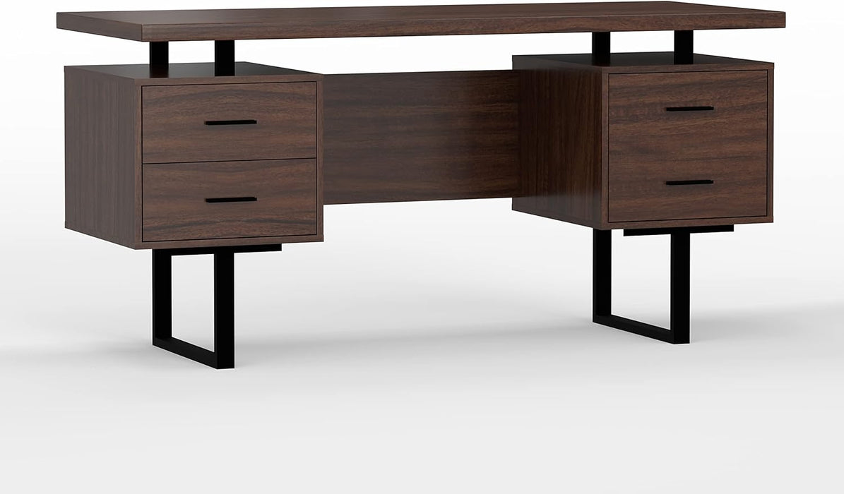 60'' Mariposa Home Office Computer Desk - Walnut Top, Walnut Base, Black Metal, Black Hardware