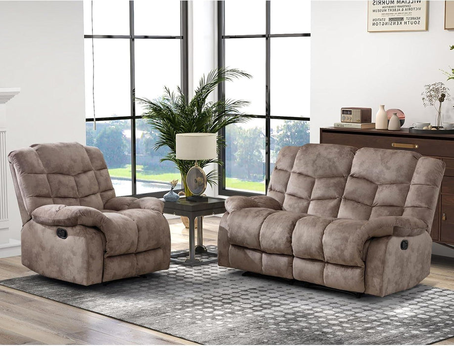 Manual Loveseat Recliner, 2 Seat Recliner Sofa Chair with Armrest and Overstuffed Backrest, Couch Set for Living Room, Bedroom, Office, Light Brown
