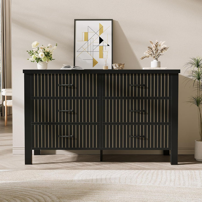47" Wide Fluted 6 Drawer Dresser for Bedroom, Black