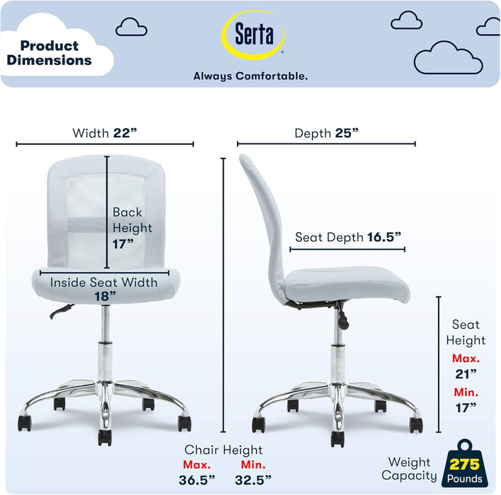 Essential Armless Deskchair, Small Task Chair with Wheels, Breathable Mesh Back, quality Foam Cushion Seat for Comfort, Functional, Lightweight and Versatile, Sky Blue