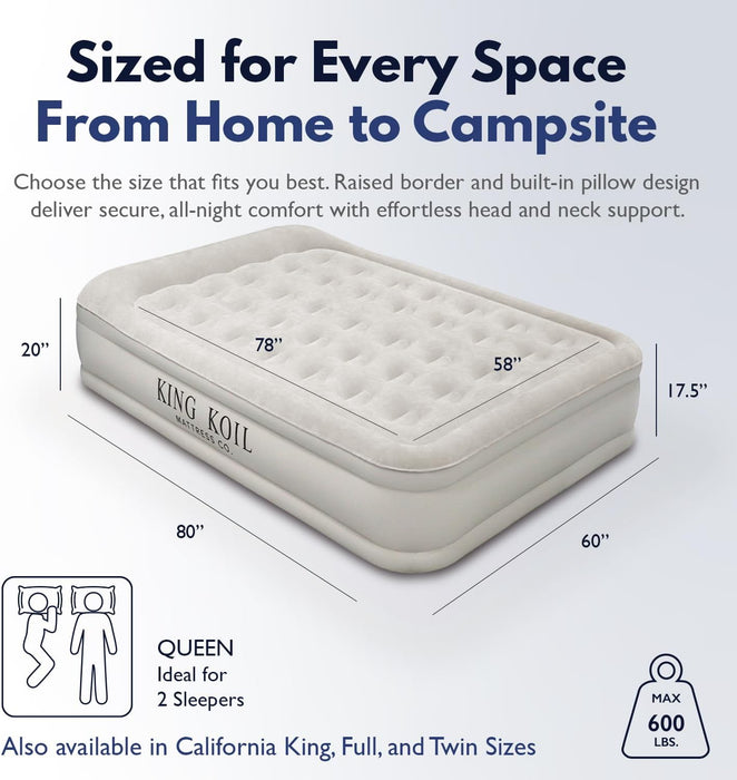 Luxury Built-In Pillow Top Queen Air Mattress with Built-In High-Speed Pump Best for Home, Camping, Guests, 20" Queen Size Double High Airbed, Blow up Mattress, Waterproof, 1-Year Warranty