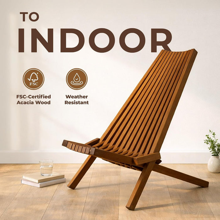 Wooden Folding Tamarack Chairs, FSC Certified Acacia Low Profile Adirondack Chairs, Wood Folding Chair for Outdoor, Patio, Porch, Pool, Backyard, Garden, Balcony and Deck - Chestnut - Single