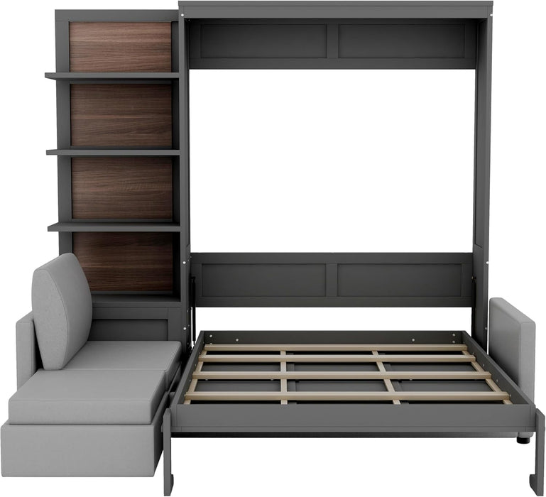 Murphy Bed Queen Size Wall Bed with Sofa,Wood Murphy Bed,Platform Bedfram Chest Can Be Folded,Hideaway Cabinet W/Shelves and Slat Support,Space-Saving Furniture for Study,Office,Gray