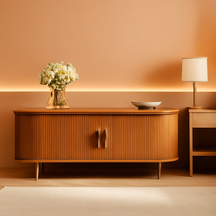 55 Inch Mid Century Modern TV Stand with Power Outlet for Tvs up to 60 Inch, Entertainment Center with Storage and Adjustable Shelves, Media Console with Sliding Doors for Living Room(Yellow)