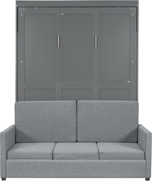 Full Size Murphy Bed, Wooden Full Murphy Bed with Cushion, Wall Bed with Sofa for Home Office or Small Room, Gray
