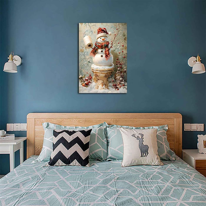 Christmas Wall Art Snowman Wall Decor Snowman on the Toilet Christmas Pictures Home Decorations Winter Scene Painting Farmhouse Poster Living Room Wall Art Canvas Prints Canvas Roll 16X24 Inch