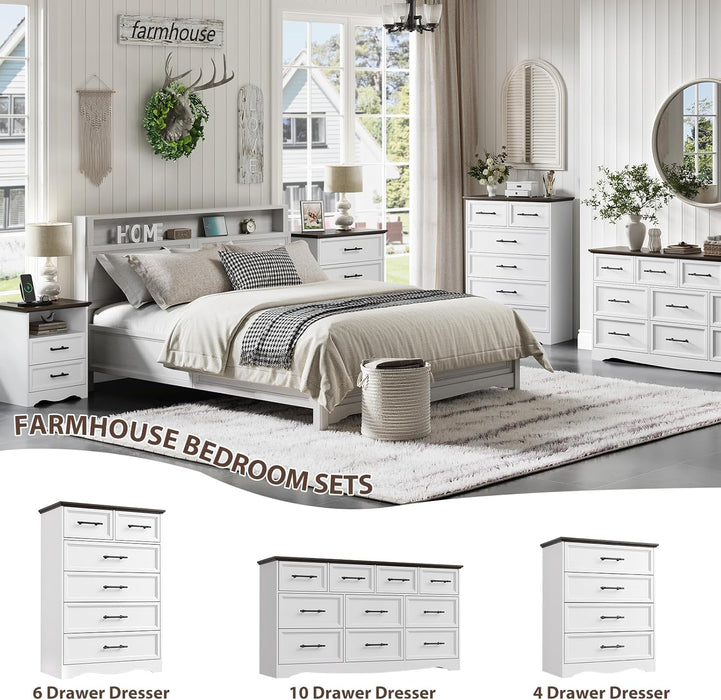 White Farmhouse Dresser for Bedroom, Modern 6 Chest of Drawers, 44" Tall Chest of Drawers W/Brushed Metal Handle, Wood Closet Organizers and Storage Cabinet for Bedroom, Living Room, Hallway