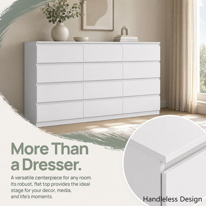 White 12 Drawer Dresser for Bedroom,Modern Long Deep Drawer Dresser,Wood Storage Chest of Drawer, Storage Organizer Drawers for Living Room