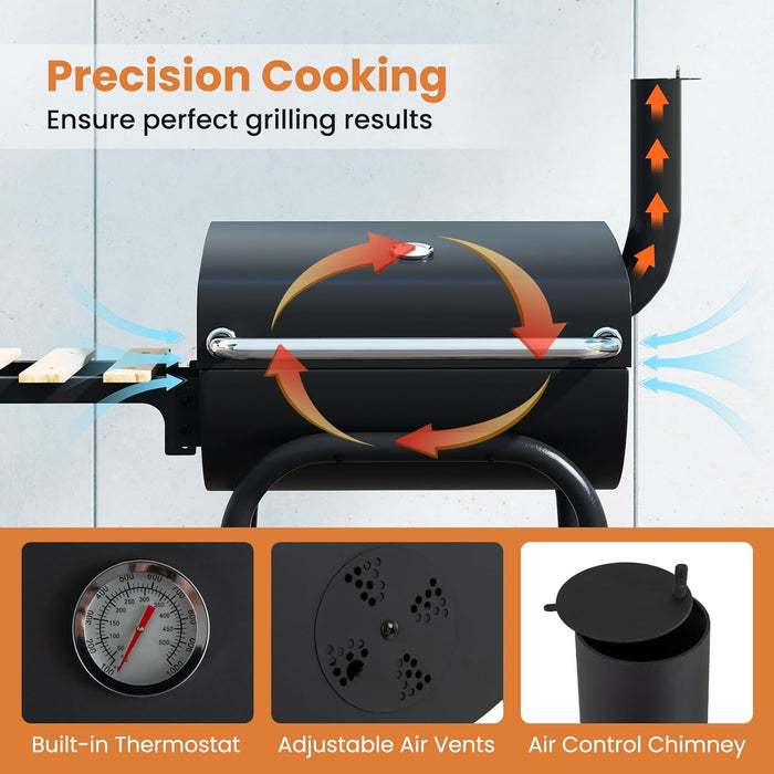 Portable Charcoal Grill with Foldable Side Table, Outdoor BBQ Smoker Grill with Wheels, Thermometer, Adjustable Air Vent, Bottom Shelf, Barrel Barbecue Grills for Patio, Camping & Tailgate