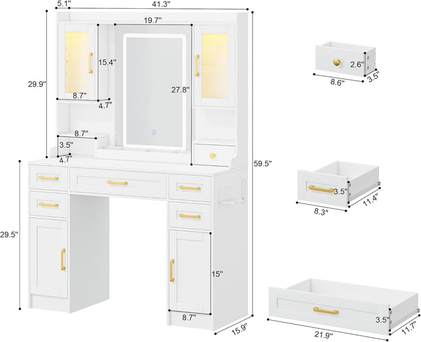 Vanity Desk with Mirror and LED Lights & Power Outlet, Large Makeup Vanity Table with 5 Drawers and 4 Storage Cabinets, White Dressing Table for Bedroom