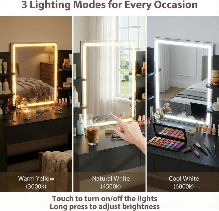Vanity Desk with Mirror and LED Lights, Makeup Vanity Table with 3 Lighting Color, Adjustable Brightness, Vanity Table with 2 Drawers, Side Storage, for Bedroom (Black, with Bench)