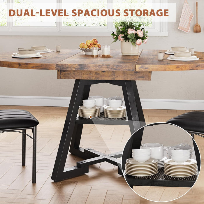 61'' Extendable Dining Table for 4 6 8, round Dining Room Table with Removable Leaf & Storage Shelf, Expandable Oval Kitchen Table with Pedestal Base, Modern Industrial Space Saving（Vintage）